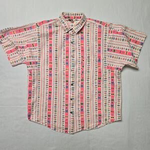Vintage Womens Button Up Pink Medium Geometric Multicolor Colorful Shirt 90s